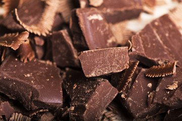  close up of chocolate pieces on white background