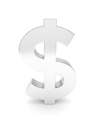 Isolated silver dollar sign on white background. American currency. Chrome silver economy symbol.  3D rendering.