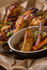 Spicy Chicken Wings with Hot Chili Jam, Baked Potatoes and Purple Carrots