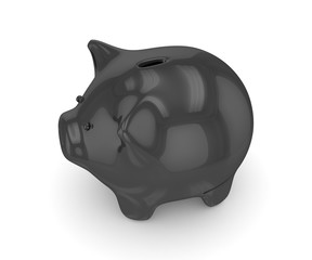 Black shiny piggybank on white background. Concept of black friday, investment, savings and more. 3D rendering.