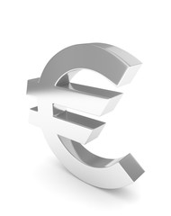 Isolated silver euro sign on white background. European currency. Concept of investment, european market, savings. Power, luxury and wealth. 3D rendering.