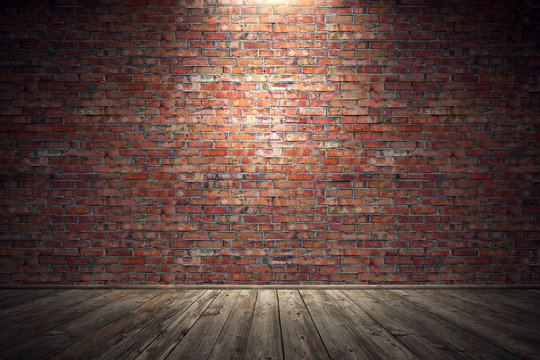 Fototapeta Empty old grungy room with red brick wall and wooden floor. 3d rendering