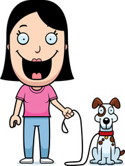 Cartoon Woman Walking Dog