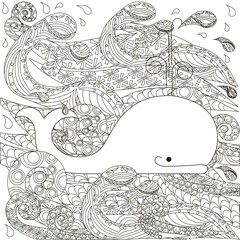 Hand drawn doodle whale on waves, anti stress coloring page stock vector illustration