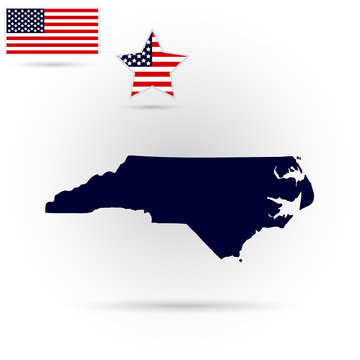 Map of the U.S. state of North Carolina on a gray background. American flag, star