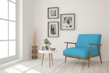 White room with armchair. Scandinavian interior design. 3D illustration