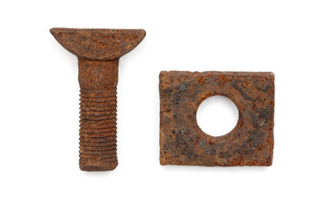 Old Rusty Object, Isolated on White: Nut and Bolt