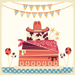 Cowboy happy birthday card with cake and cowboy hat