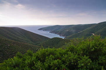 Greek island coast at sunrise in Macedonia, Greece