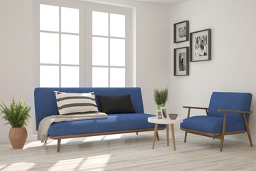 White modern room with sofa. Scandinavian interior design. 3D illustration