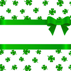 Template for postcard with bow, clover leaves. St.Patrick 's Day