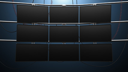 Nine Panel Video Monitor Wall. a futuristic nine panel video wall with blank screens and cords mounted on pipes