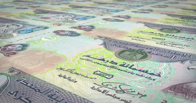 Banknotes of five hundred dirhams arabs rolling on screen, cash money, loop
