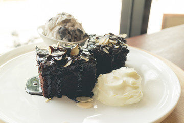 Homemade brownies with vanilla ice cream