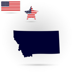 Map of the U.S. state of Montana on a gray background. American flag, star