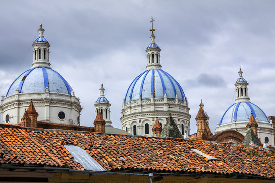 Blue cupolas of different heights, Cathedral de la Inmaculada Conception, Cuenca, Ecuador