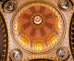 Fototapeta na wymiar Guadalupita Church Interior Pink and Gold Dome Morelia Mexico