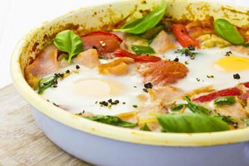 Breakfast pan with vegetables and eggs