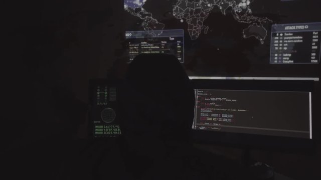 Hacker in hood hacking and writing lines of code