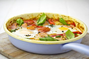 Breakfast pan with vegetables and eggs