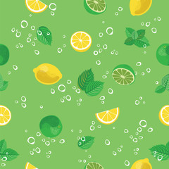 Mojito cocktail lime lemon mint and bubbles green seamless vector pattern backgr