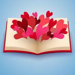 Valentines day , Illustration of love , Open book with paper hearts flying