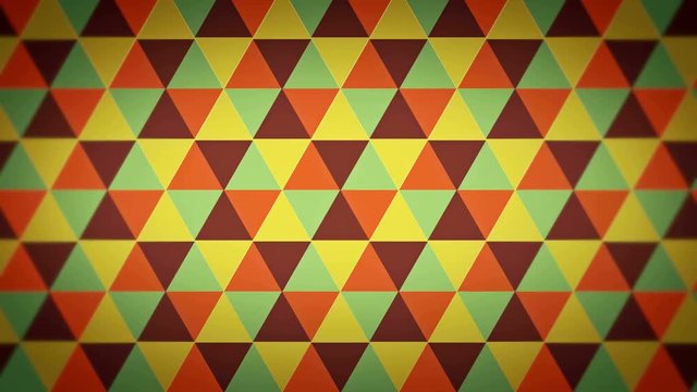Abstract background of triangles in a geometric pixelated mosaic tile pattern seamless loop for text or logo. The triangles fit into diamond and hexagon shapes. Orange, blue and yellow color scheme