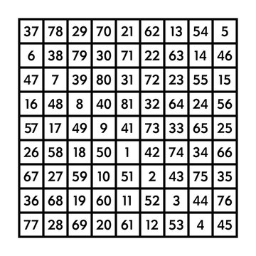 9x9 magic square of order 9 and the astrological Moon with magic constant 369. The sum of numbers in any row, column, or diagonal is always three hundred sixty-nine. Illustration over white. Vector.
