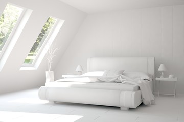 White modern bedroom with green landscape in window. Scandinavian interior design. 3D illustration