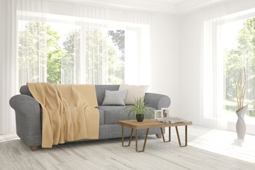 White room with sofa and green landscape in window. Scandinavian interior design. 3D illustration