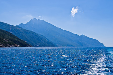 Greek coast of aegean sea at the foot of holy mountain Athos, Chalkidiki, Greece