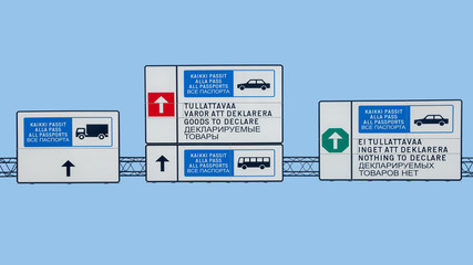 Direction signs follow the type of lane are bi-lingual in English, Russian and Finnish. Isolated on...