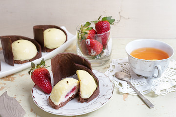 Chocolate souffle cake on a dish