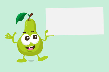 Illustration of cute pear mascot with offer label in his hand. Isolated on light green background.