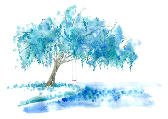 Weeping willow on the lake and swing. Blue tree. Watercolor hand drawn illustration. © jula_lily