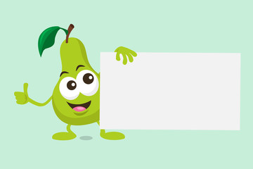 Illustration of cute pear mascot with offer label in his hand. Isolated on light green background.