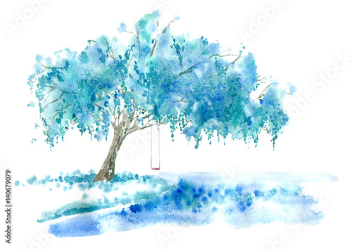 Weeping Willow On The Lake And Swing Blue Tree Watercolor Hand Weeping Willow On The Lake And Swing Blue Tree Watercolor Hand Drawn Ilration