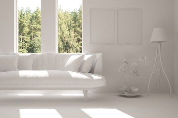 White room with sofa and green landscape in window. Scandinavian interior design. 3D illustration