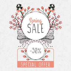 Spring sale. Special offer. Floral decoration. Flowers around round frame. Discount. Flyer, banner, advertising or sign board. Vector illustration, eps10