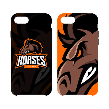 Furious horse sport club vector logo concept smart phone case isolated on white background.
Premium quality wild stallion animal artwork cell phone cover illustration.