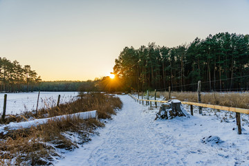 Sunset over the snow covered road through fields and forest