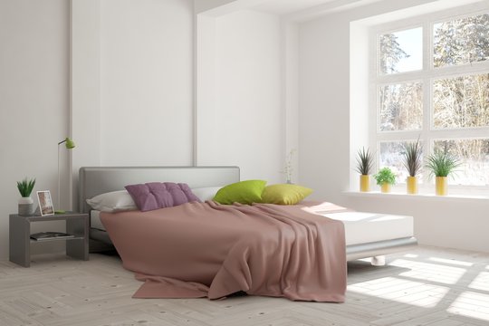 White bedroom with winter landscape in window. Scandinavian interior design. 3D illustration