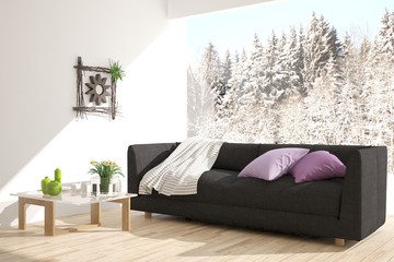 White room with sofa and winter landscape in window. Scandinavian interior design. 3D illustration