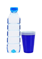 Blue bottle with water and plastic cups isolated on white