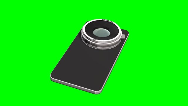 smartphone with system camera lens - smartphone film and photo concept - green screen 