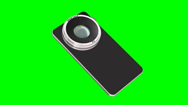 smartphone with system camera lens - smartphone film and photo concept - green screen 
