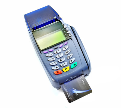 Payment terminal isolated on white. Front panel texture for your object