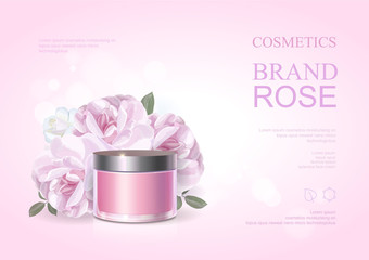 Pink beauty cosmetic product poster, rose moisturizing cream template, skin care ads . Vector illustration .