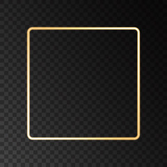 Gold glowing frame with light  effects isolated on black transparent background. Shining  golden  square. Vector neon shape.