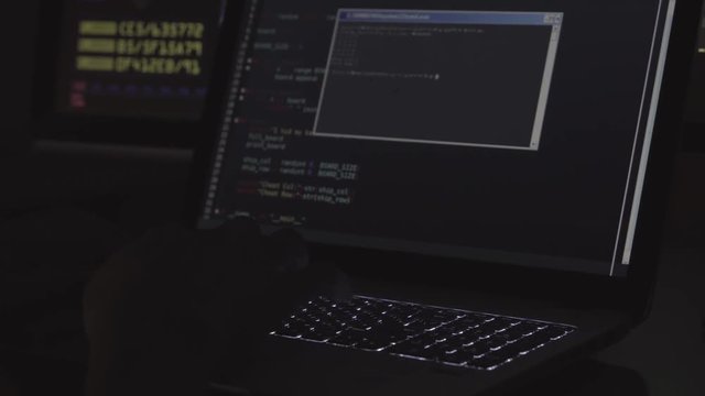 The IT programmer prints the computer code on the laptop